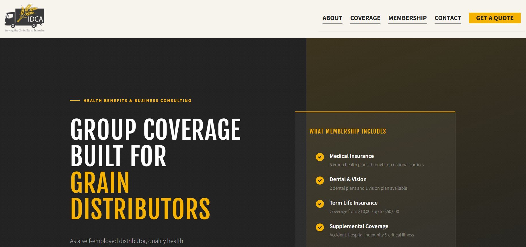Independent Distributor Consulting Association (IDCA) website, a WordPress build with member resources and benefits enrollment for the grain industry, by Kolvex Labs.