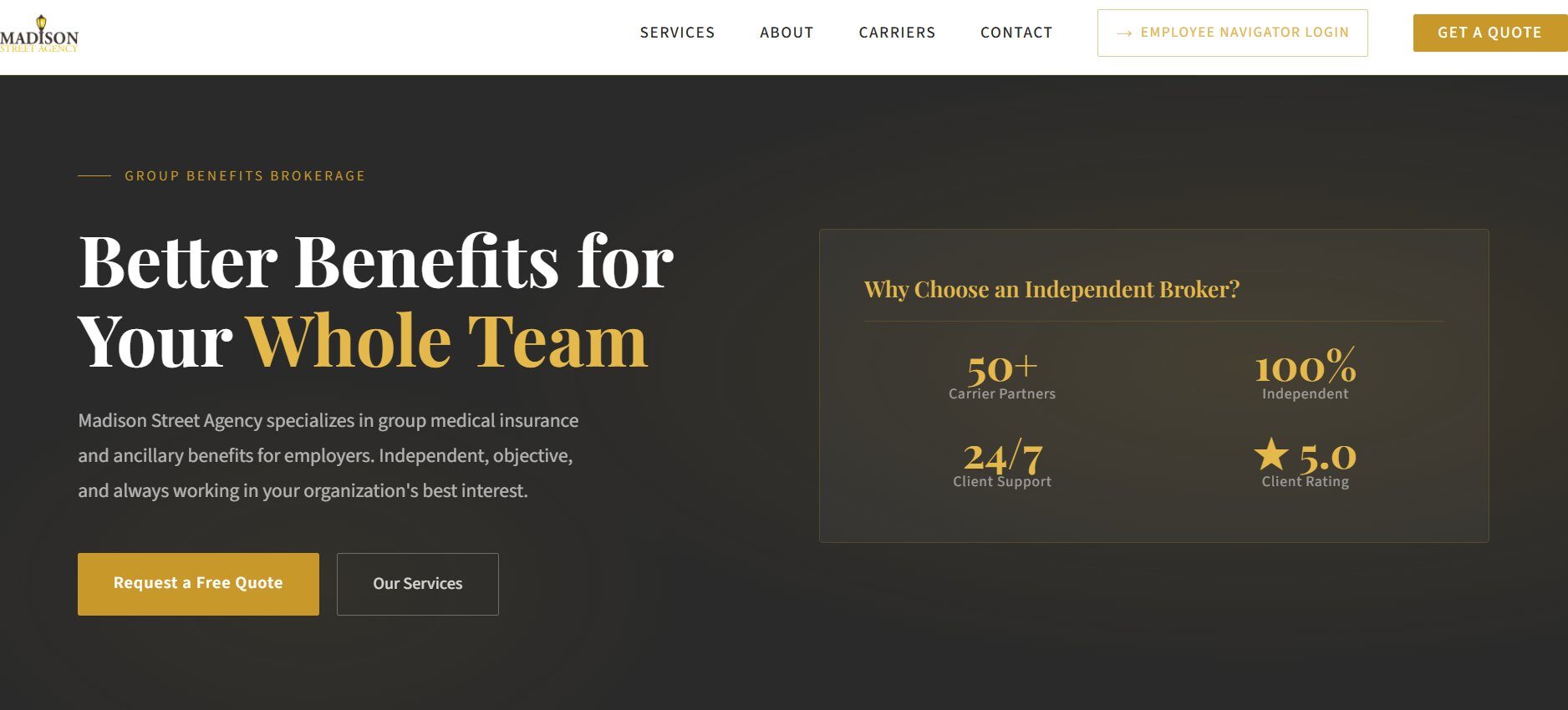 Madison Street Agency website, an insurance brokerage site with lead capture and automated intake workflows, built by Kolvex Labs.